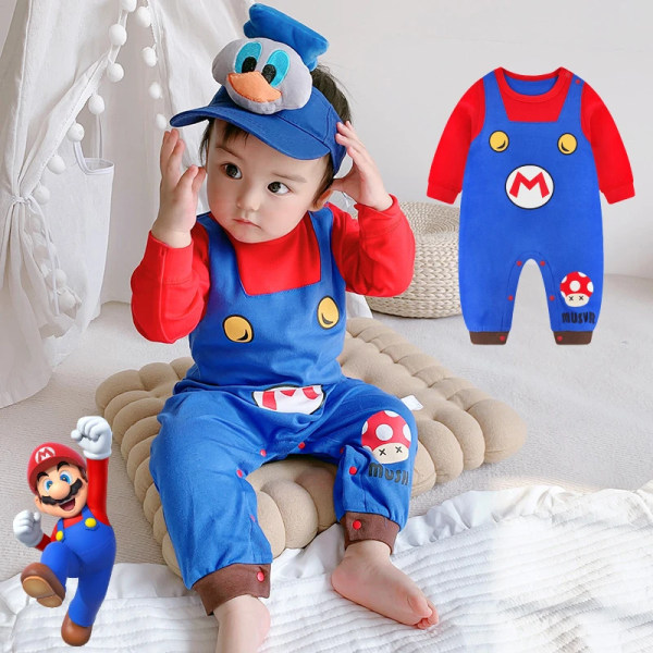 Super Marios Cosplay kostymer för nyfödd baby Söt höst och vinter Jumpsuits för barn Förtjockad Romper Toddler Tecknad Onesie Mario 73CM