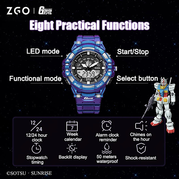 Original Gundam Joint Watches Zaku Vattentät Lysande Trend Sport Elektronisk Watch Anime Tillbehör Pojke Student Födelsedagspresent 870-Zaku Red