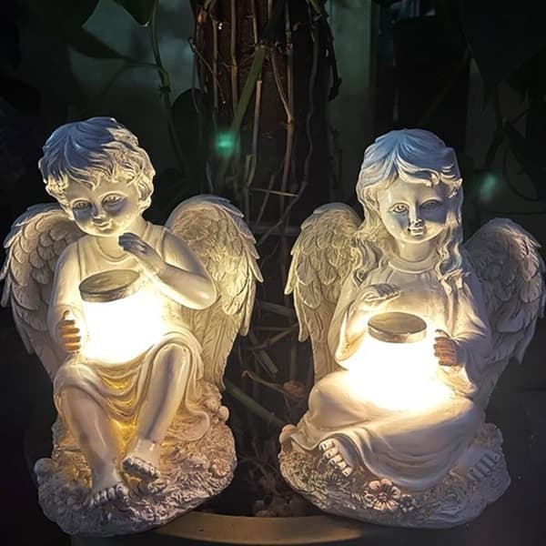 (Hvit) Engel Fe Figur med Solcellelys - ANNEFLY - Hagedekorasjon - Hvit White