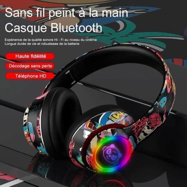 Graffiti Sammenleggbart Trådløst Bluetooth Stereo Headset med LED-lys, Svart Black