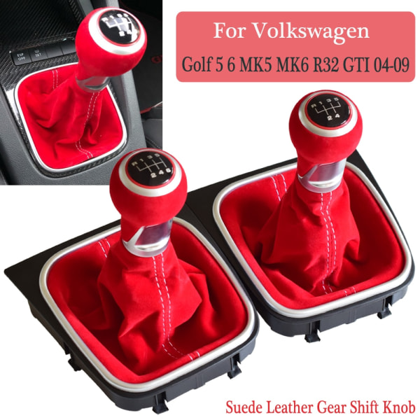 För Volkswagen VW Golf 5 Golf 6 MK5 MK6 R32 GTI 2004-2009 Manual 5 6-växlad mocka läder Växlingsknopp Komplett damask Boot-6 Speed-Röd 6 Speed-Red