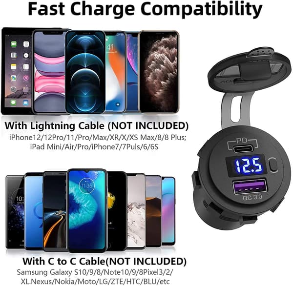 48W USB Type C Billader Socket 12V/24V Dobbel USB-utgang PD3.0&QC3.0 Billader med LED Voltmeter og PÅ/AV-bryter