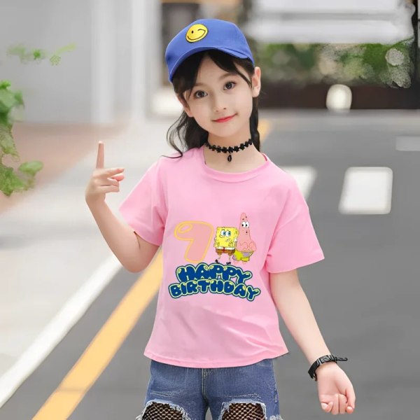 Svampbob Fyrkant Barnkläder Anime Barn Födelsedag nummer T-shirt Sommar Bomullsöverdelar Tecknad Söt Baby Presenter pink HMBB20 100CM