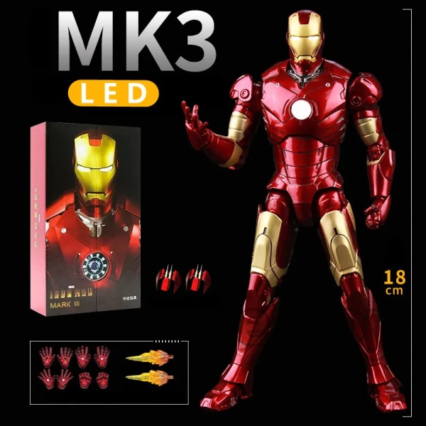 ZD Toys LED Light Iron Man MK1 MK2 MK3 MK4 MK5 MK6 MK7 MK43 MK50 7" film actionfigur Tony Stark Legends Toys MK3 LED