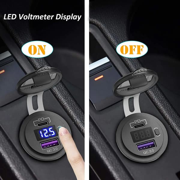 48W USB Type C Billader Socket 12V/24V Dobbel USB-utgang PD3.0&QC3.0 Billader med LED Voltmeter og PÅ/AV-bryter