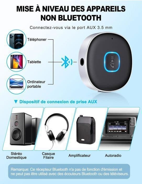 Bluetooth Bilmottaker - Bluetooth 5.3 Adapter - 3.5mm AUX - 16 timer - for TV Bil HiFi System Hodetelefoner Høyttaler