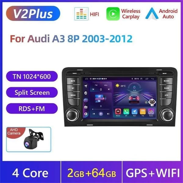 7\" Touchscreen 2 Din Android 13 Bilradio 2G+64G Bluetooth WIFI GPS Navigation CarPlay og Android Auto til Audi A3 S3 RS3 +