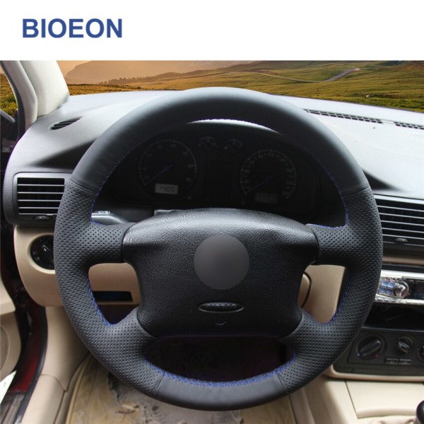 (Blå tråd)Handsömnad Svart PU rattkåpor i konstläder för Volkswagen VW Golf 4 IV Passat B5 Passat Variant Sharan Bora Blue Thread