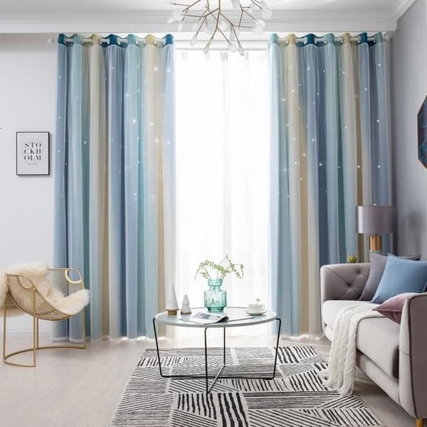 Dubbla mörkläggningsgardiner - Ihåliga stjärnor gradient - 100 x 250cm - Blå - 1 st - För vardagsrum och sovrum Blue