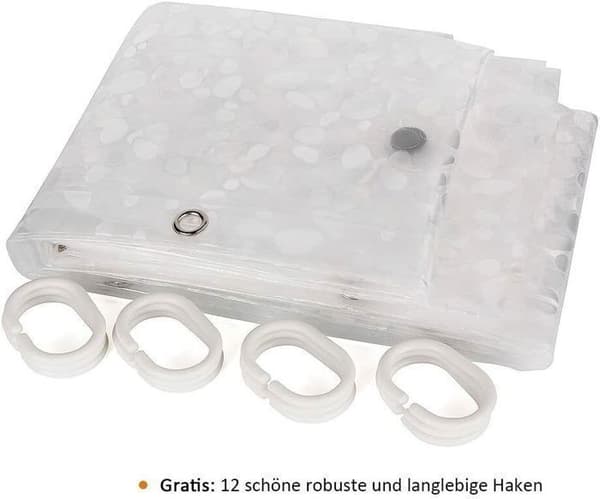 Duschdraperi 180x180cm, Mögelresistent, Vattentätt, med 12 Ringar, 3D-stenmönster, Halvtransparent, EVA White
