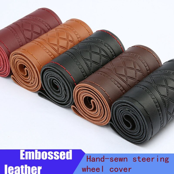 (Rött vin)Auto Ratt- Cover Anti-halk Prägling Läder Bilstyling Tillbehör Universal Braid Case passform bil suv diameter 37/38cm Red wine