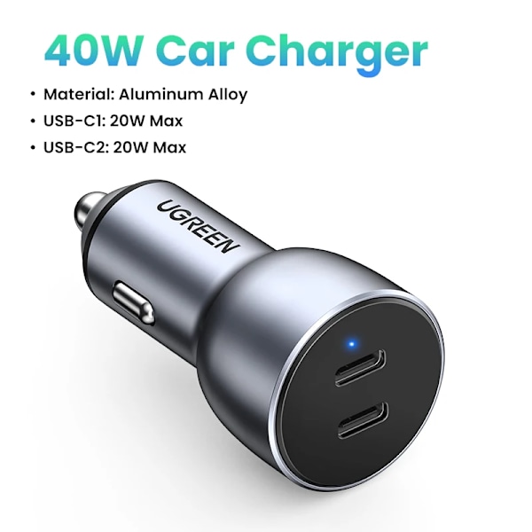 Ugreen 40W PD-billaddare Snabbladdning 4.0 3.0 för Xiaomi QC4.0 QC3.0 Typ C PD Billaddning för iPhone 13 12 Xs 8 PD-laddare Dual PD3.0 20W