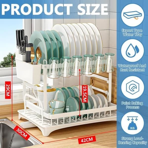(Hvit) Oppvaskstativ - Rustfritt stål - 2 nivåer - Automatisk drenering - Moderne design - Hvit White