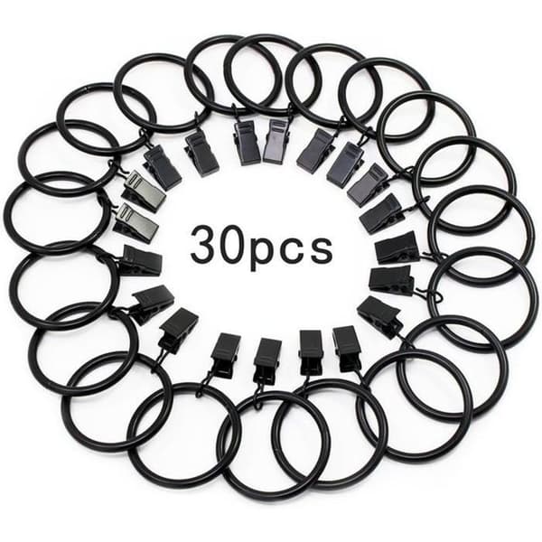 30 stk. gardinringe med metalklips, kraftige rustfrie til gardinstang, 32 mm indvendig diameter, sort