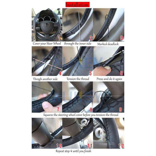 (mockaläder) DIY PU-läder Auto Cover Handsömnad Handsydd med trådnål 38cm Andningsbara rattskydd suede leather