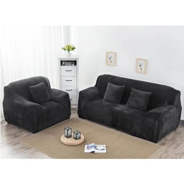 Fløyels Sofatrekk 3-seter 190-230cm Elastisk Spandex Tykt Sofatrekk Svart