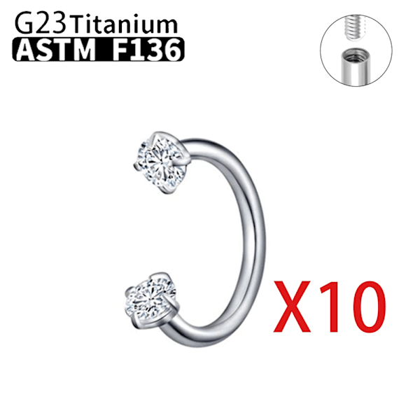 1/10 st G23 Titanium ASTM-F136 Piercing Näsa Ring Intern Tråd C Stav Zirkon Kroppssmycken För Kvinnor 10pcs