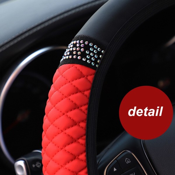 (Svart-röd)Four Seasons Universal 37/38cm Läderbroderad färg Diamant-dubbad elastisk rattkåpa Grip Cover Black-red
