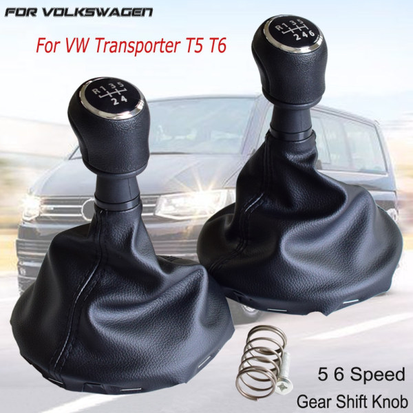 För VW Volkswagen Transporter T5 T5.1 T6 Gp 2003-2011 Växelspaksknopp Läder Damask Cover Bil 5 6 Speed-5 Speed-Black 5 Speed-Black