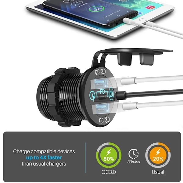 12V/24V Trippel USB C Billaddare Uttag USB-uttag PD & 18W QC3.0 Aluminium Metall Billaddare Adapter med Touch Switch Green no cable