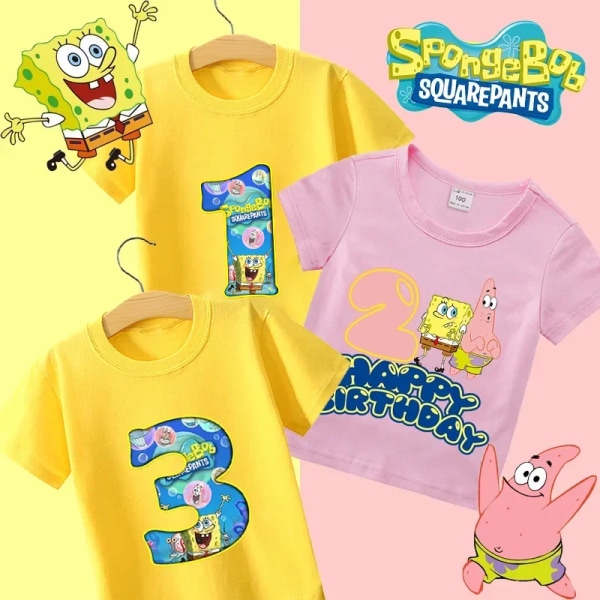 Svampbob Fyrkant Barnkläder Anime Barn Födelsedag nummer T-shirt Sommar Bomullsöverdelar Tecknad Söt Baby Presenter pink HMBB20 110CM