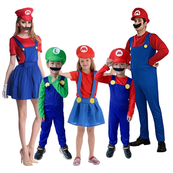 Anime Halloween-kostymer Super Luigi Brother-kostym Mario Vuxna Barn Fancy Cosplay Scen Halloween-fest Förälder-barn-kostym Female Mario  Green Adult  M