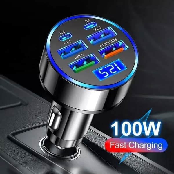 6-Port Bil Sigarettennerlader 4 USB + 2 PD Display Hurtiglading
