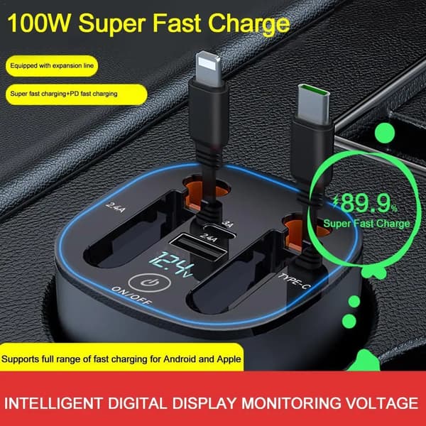 100W Super Snabb Billaddare USB Typ C Kabel iPhone Snabbladdningskabel Cigarettändaradapter Digital Display styleA