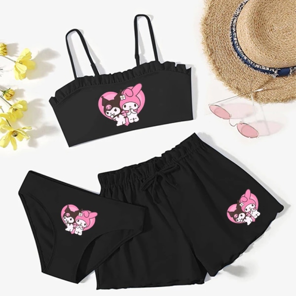 Sommar Kawaii Barn Flickor Sanrios 3st Baddräkt Anime Kuromi My Melody Hellokittys Cinnamoroll Tecknad Väst Kalsonger Shorts Black-D 160