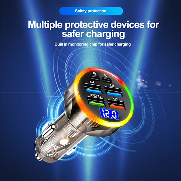 200W Bil Laddare QC3.0 Typ-C Snabbladdning Transparent Fodral PD för IPhone 15 14 13 12 Xiaomi Poco Samsung Snabbladdare Laddning 2 Port Volt display