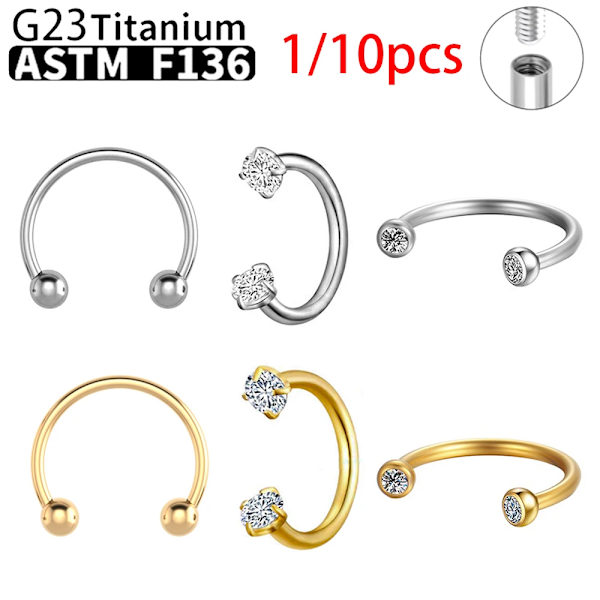 1/10 st G23 Titanium ASTM-F136 Piercing Näsa Ring Intern Tråd C Stav Zirkon Kroppssmycken För Kvinnor 10pcs