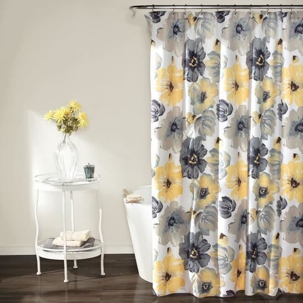 Duschdraperi 183 X 183CM Stort Blommönster Badrum Gul/Grå