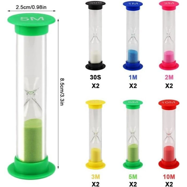12 stk. timeglas, farverige timeglas, 30 sekunder, 1 minut, 2 minutter, 3 minutter, 5 minutter, 10 minutter, timeglas til børn