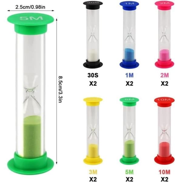 12 stk. Timeglass Timer, Fargerike Timeglass, 30 sekunder, 1 minutt, 2 minutter, 3 minutter, 5 minutter, 10 minutter, Timeglass for barn