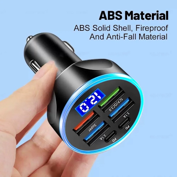 250W 6-portars billaddare snabbladdning PD QC3.0 USB C billaddare typ C-adapter i bilen för iPhone Samsung Huawei Xiaomi 6 Port Volt display
