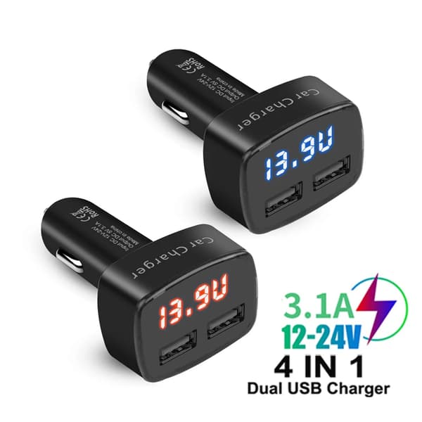 4 i 1 Dobbelt USB Udgang Biloplader Telefon Strømadapter Digital Voltmeter Strømtester Termometer Display 3.1A Universal
