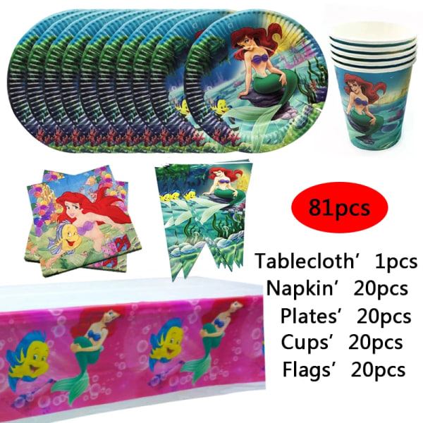 Sjöjungfru Ariel Festdekorationer Diseny Prinsessan Festtillbehör Presentpåsar För flickor Sjöjungfru Födelsedag Engångsserviskit Set-C
