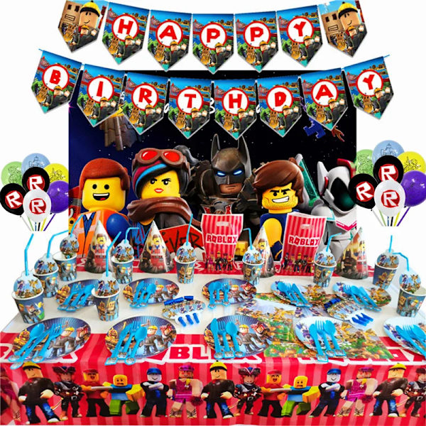 Roblox Festtillbehör Ballonger Papperskopp Tallrik Engångsservis Set Barn Roblox Födelsedagsfest Dekoration Roblox Spelfest Robot Blocks-107pcs
