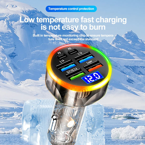 200W Bil Laddare QC3.0 Typ-C Snabbladdning Transparent Fodral PD för IPhone 15 14 13 12 Xiaomi Poco Samsung Snabbladdare Laddning 4 Port Volt display