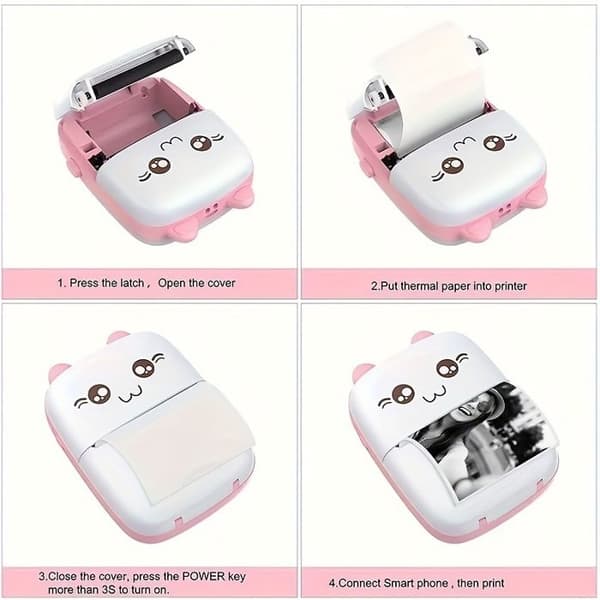 Mini bærbar Bluetooth termisk printer, 5 ruller klæbepapir, kompatibel med Android/iOS, pink