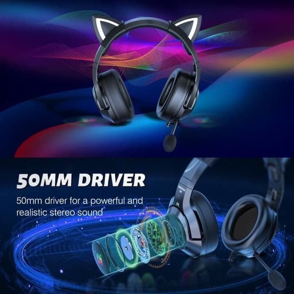 Kat Øre Hovedtelefoner Headset med Mikrofon til Xbox One / PS4 / PC / Nintendo Switch - Sort
