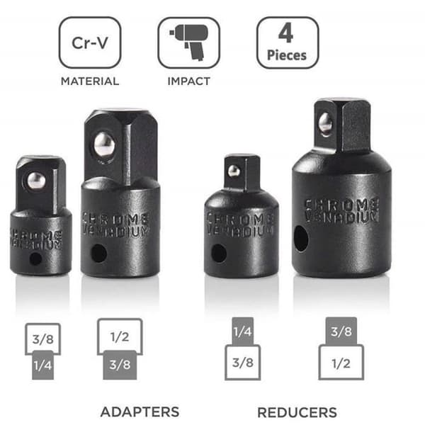 Socket-adaptere - Pillote - 4 stk. - 1/2\" til 3/8\" - 3/8\" til 1/4\" - Lengde 36 mm