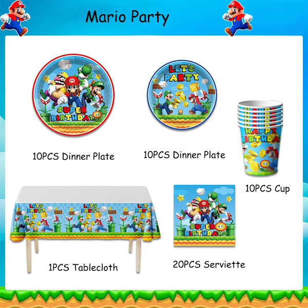 Nytt Super Mario-tema Festdekoration Engångspappersmuggar Tallrikar Tissues Bordsdukar Set Födelsedagsfest Dekorationstillbehör 7-inch 10pcs