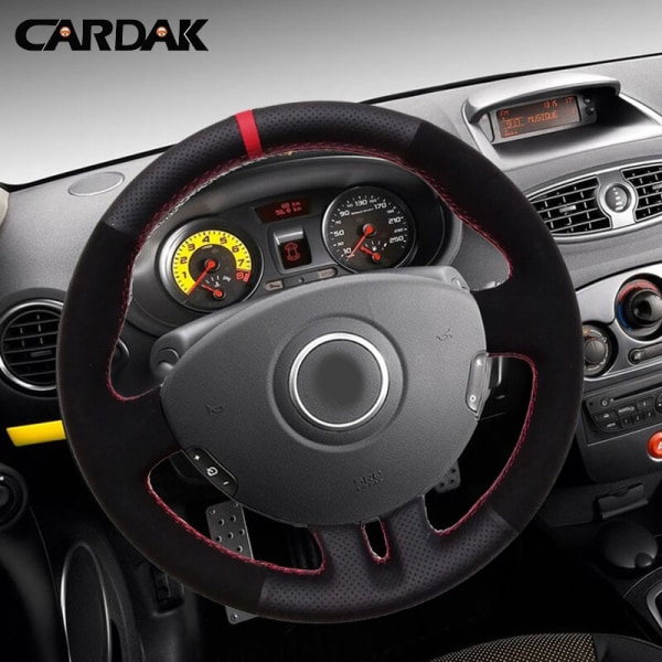 (röd markörtråd)Svart Läder Mocka Röd Marker Cover till Renault Clio 3 2005-2013 Clio dynamics 2008 mk 3 2010 red marker  thread