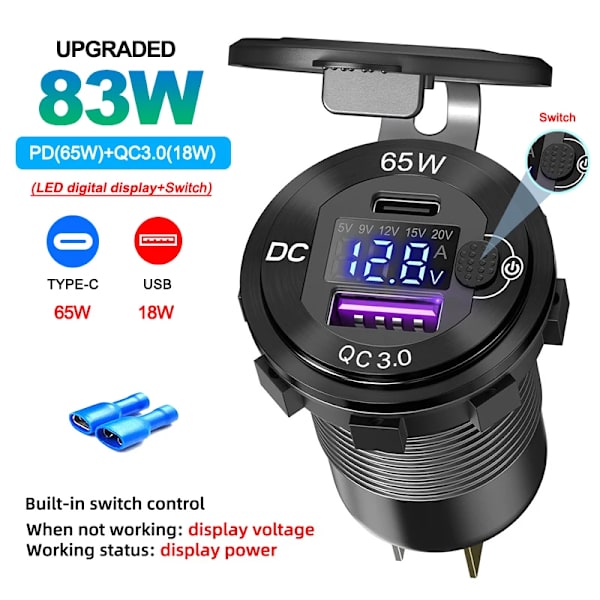12V/24V USB C-billaddare 83W Snabbladdning 65W PD3.0 & 18W QC3.0 LED Digital Display & Strömbrytare för Bil RV ATV Motorcykel Upgraded Blue