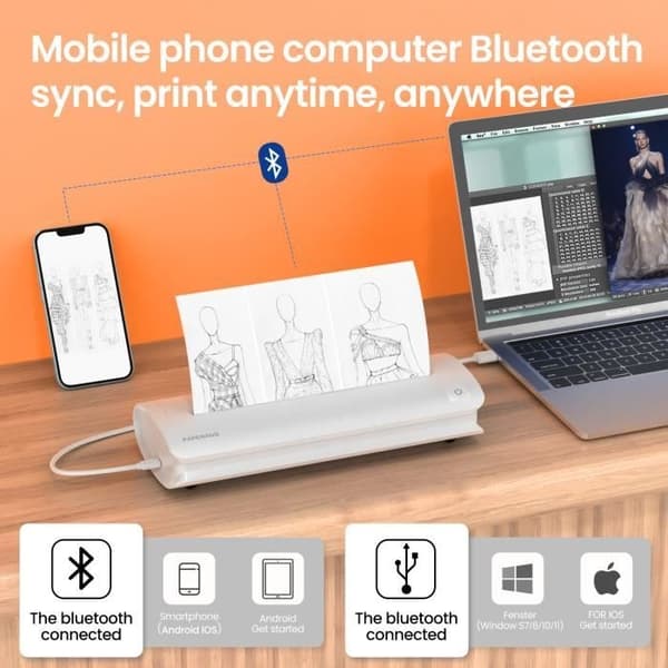 A4 Termisk Printer - UVERBON - Bluetooth - 300 dpi - Blækfri - Hastighed 8 mm/s