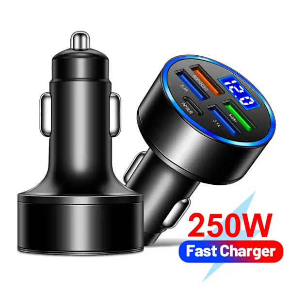 250W 4-portars USB-billaddare för bil Typ C PD QC3.0 Snabbladdningsadapter LED-display för Huawei Xiaomi iPhone 14 13 12 11 Pro Max 5 in 1 250W PD