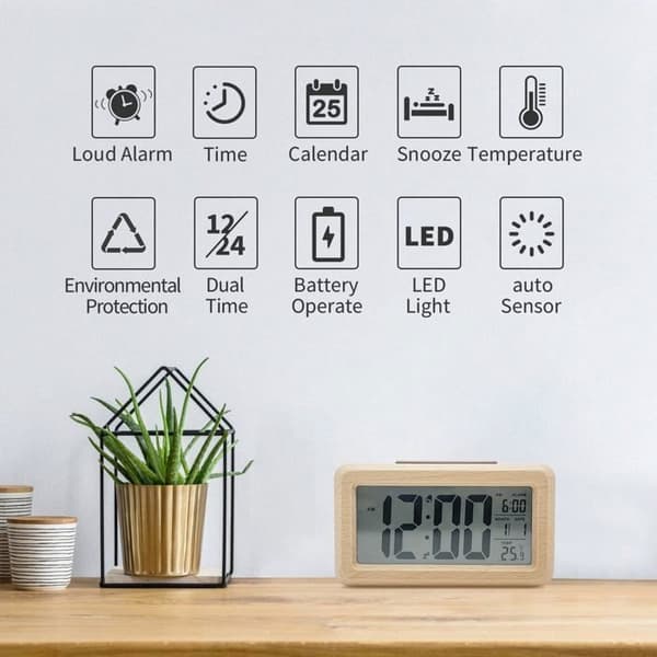 Digital väckarklocka, digital väckarklocka i trä med sensormodul, bordsklocka med stor display