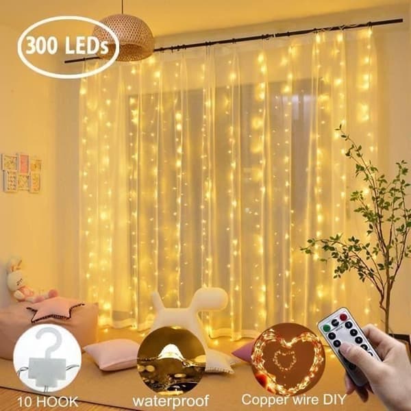 3M x 3M 300 LED Bryllupsgardinlys 8 Moduser Varmhvite Lyslenker Gardinbelysning Julefe Dekorasjon