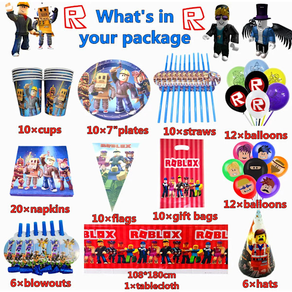 Roblox Festtillbehör Ballonger Papperskopp Tallrik Engångsservis Set Barn Roblox Födelsedagsfest Dekoration Roblox Spelfest Robot Blocks-107pcs